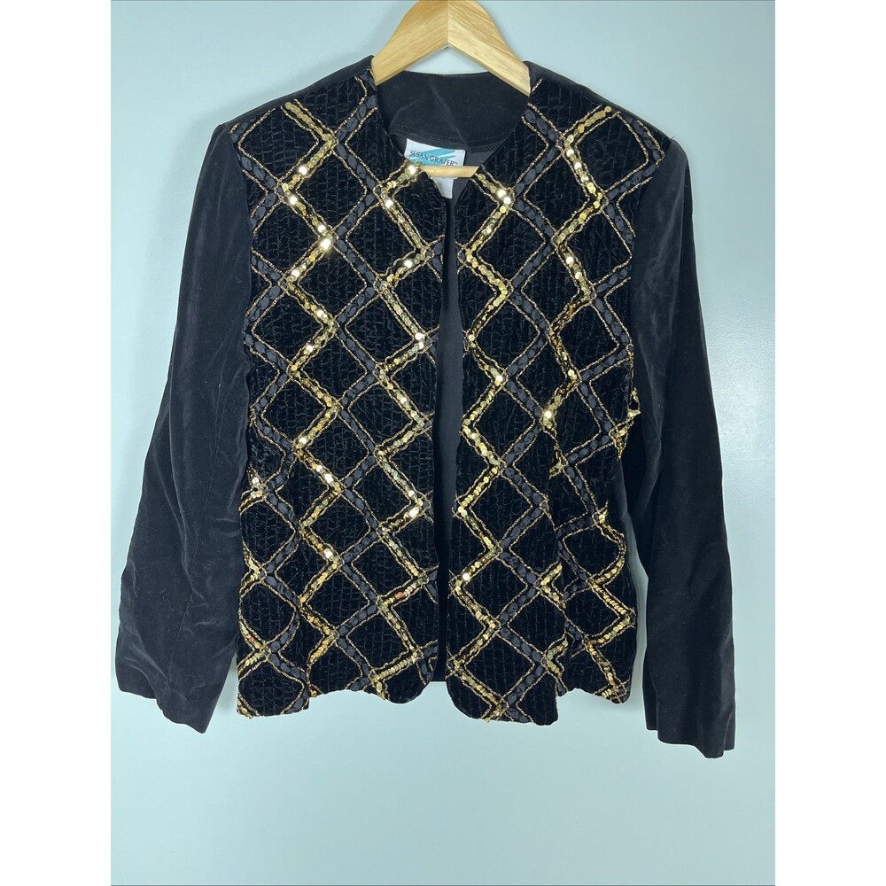 VTG Susan Graver Women’s Sz S Cotton Velvet Black Blazer Sequin Beaded USA Made
